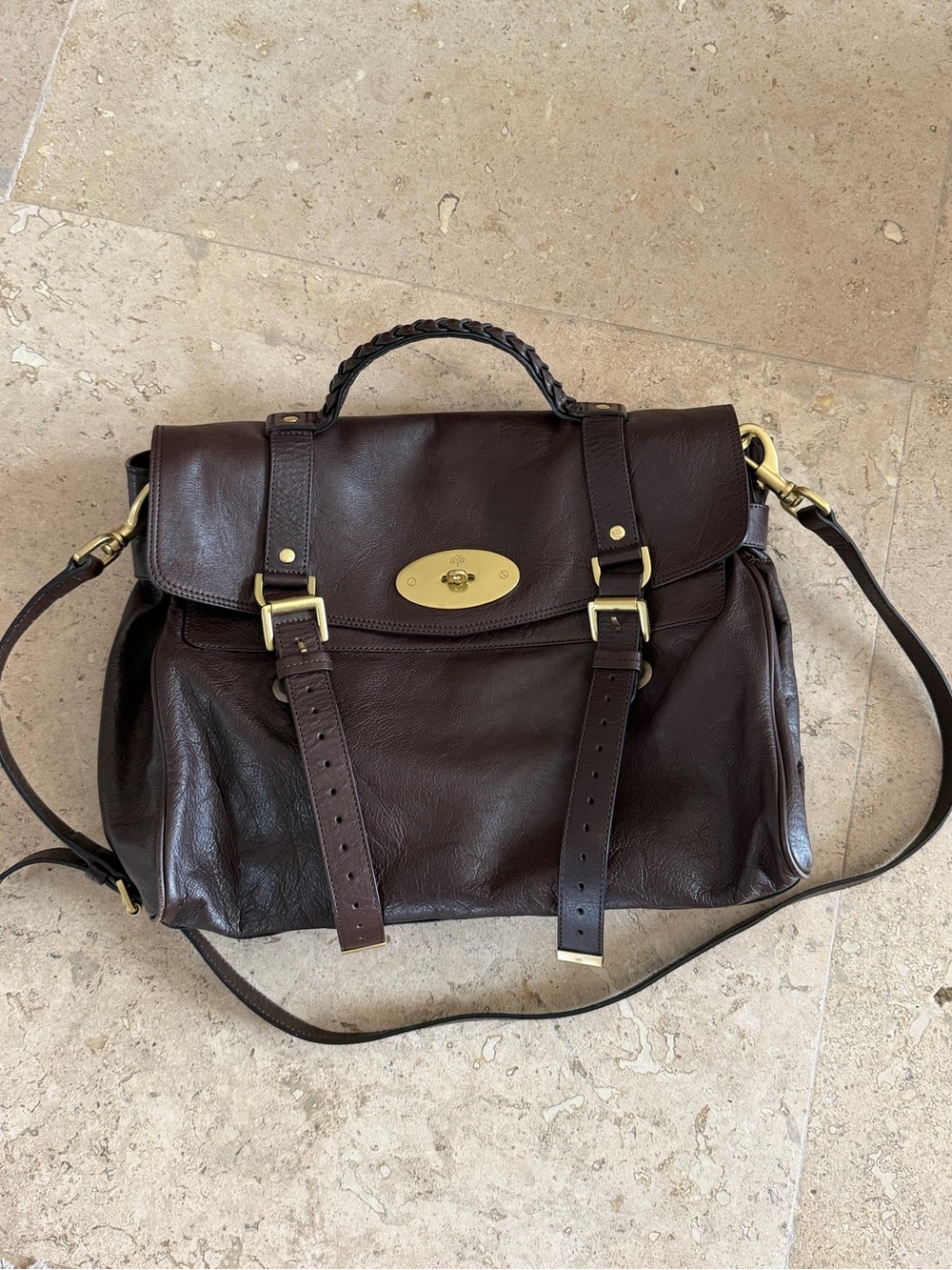 Mulberry’s Dark Brown Leather Satchel Messenger Bag with Brass Hardware